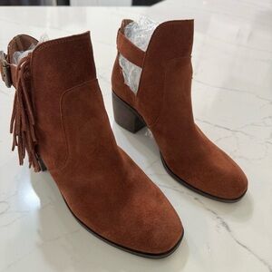 Lucky Brand Makenna Brown Suede Ankle Boots Square Toe Fringe Boho 7.5